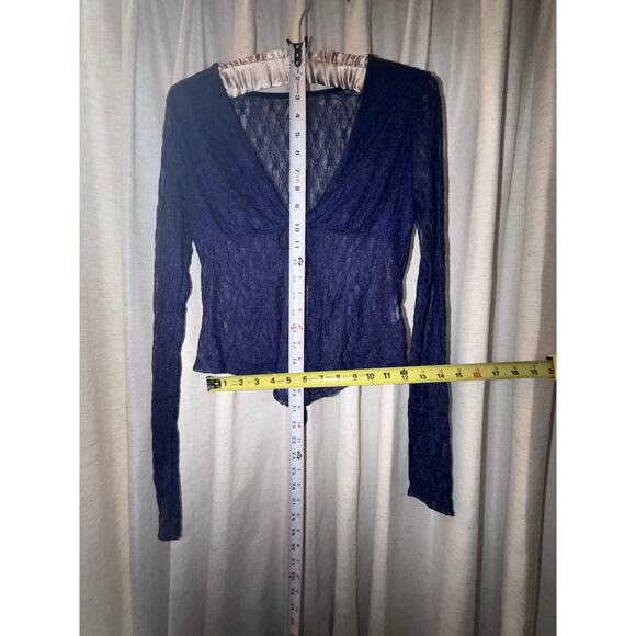 y2k Grunge Sheer Lace Tie Top Blue Violet Navy Long Sleeve Mesh 90s 00s Goth M L - Picture 4 of 10